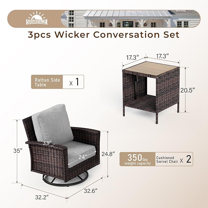 Patio Wicker Swivel Chairs Set of 2, Outdoor High Back Chairs with 5.5" Waterproof Cushions and Side Table, Outdoor Furniture Set for Deck Porch and Yard, Peacock Blue