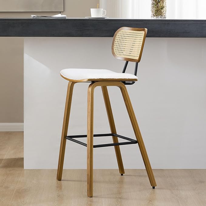 Counter Height Bar Stools, Mid Century Modern Counter Stools, 26" Wood Kitchen Stool Boucle Fabric Upholstered Barstool with Rattan Back, Counter Height Island Dining Bar Chair, White