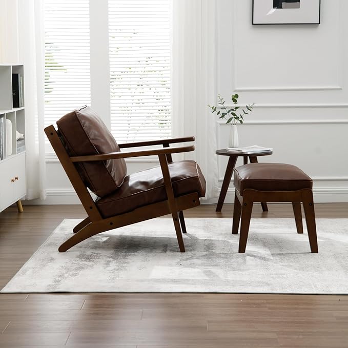 Mid Century Modern Reading Armchair with Ottoman, PU Leather Bedroom Accent Chair, Elegant Upholstered Side Chair in Brown