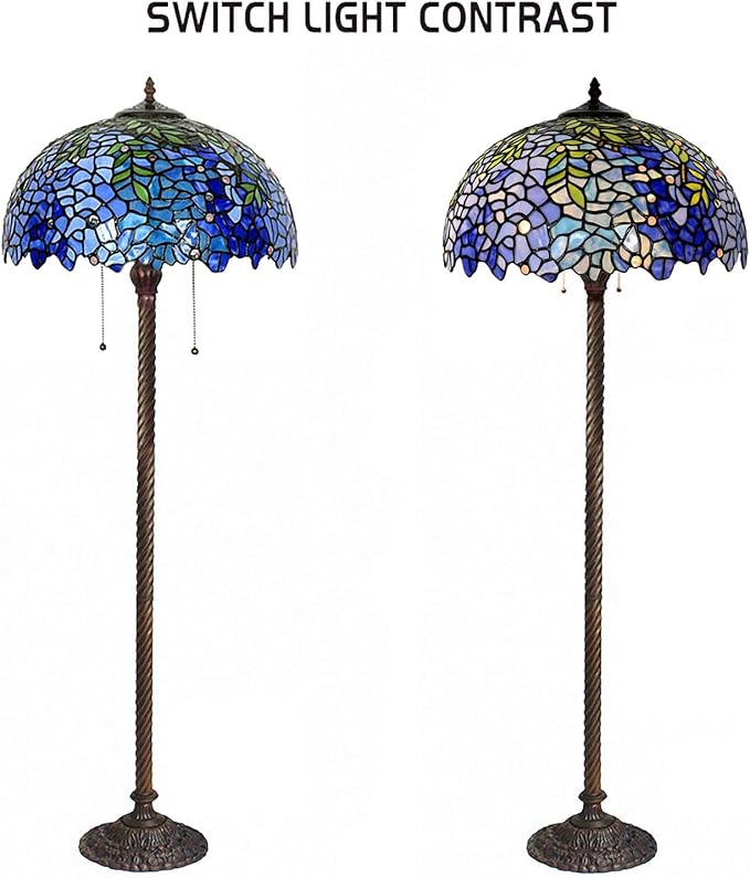 Floor Lamp, Tiffany Style Stained Glass Purple Wisteria Hanging Lamp with Handmade Lampshade, Suitable for Decorating Room (Purple, 16in)
