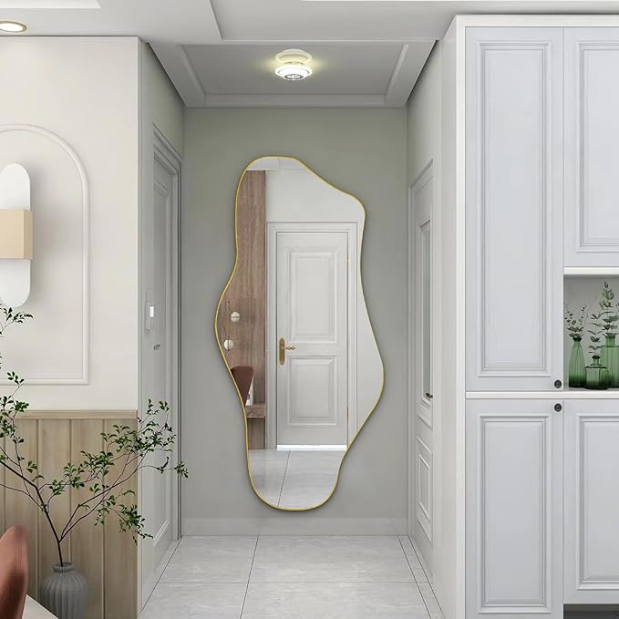 Irregular Mirror Full Length, 63.4"x29" Large Asymmetrical Mirror, Big Gold Floor Mirrors for Dressing, Modern Wavy Shaped Mirrors for Living Room Bathroom Bedroom Entryway