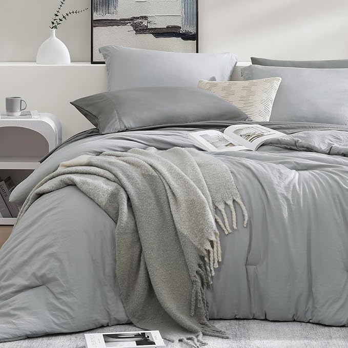 WRENSONGE Light Grey King Comforter Set, 7 Pieces Soft Microfiber King Size Comforter with Fitted Sheet, Flat Sheet, 2 Pillow Shams, and 2 Pillowcases- Warm King Bedding Set for All Season