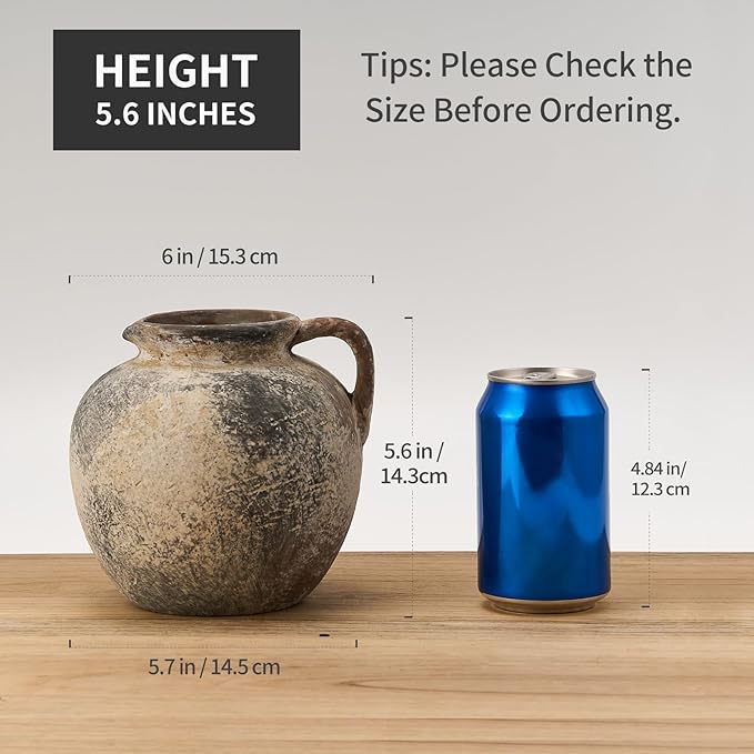 Antique Terracotta Vase with Handle, 5.6 Inch Farmhouse Ceramic Vase Boho Decor Decorative Vase, Rustic Vase for Home Decor, Living Room, Table, Wedding - Distressed Design, Gray