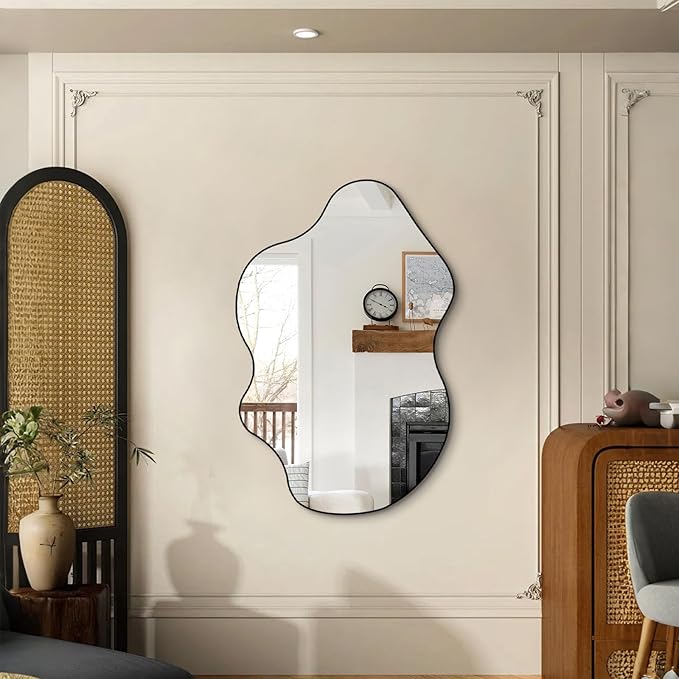 Irregular Mirror, Asymmetrical Wall Mirrors, 31.5"x23.6" Waved Shaped Mirror, Modern Frameless Decorative Mirrors for Living Room Bathroom Bedroom Hallway Entryway Fireplace