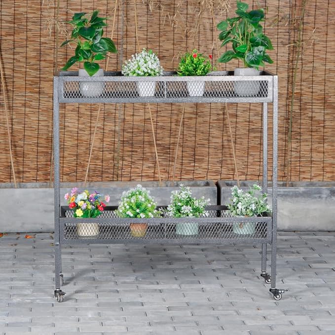 2-Tier Metal Plant Stand - Indoor/Outdoor Aluminum Shelf with Universal Wheel - Aesthetic Display Rack for Multiple Plants - Ideal for Lawn, Garden, Balcony, and Patio