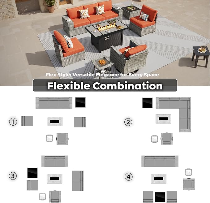 ovios 9 Pieces Patio Furniture Set, Outdoor Wicker Sectional Sofa with 42" Firepit Table Swivel Chair, Modern Modular Deep Seat Rattan Couch Conversation Sets, Orange Red