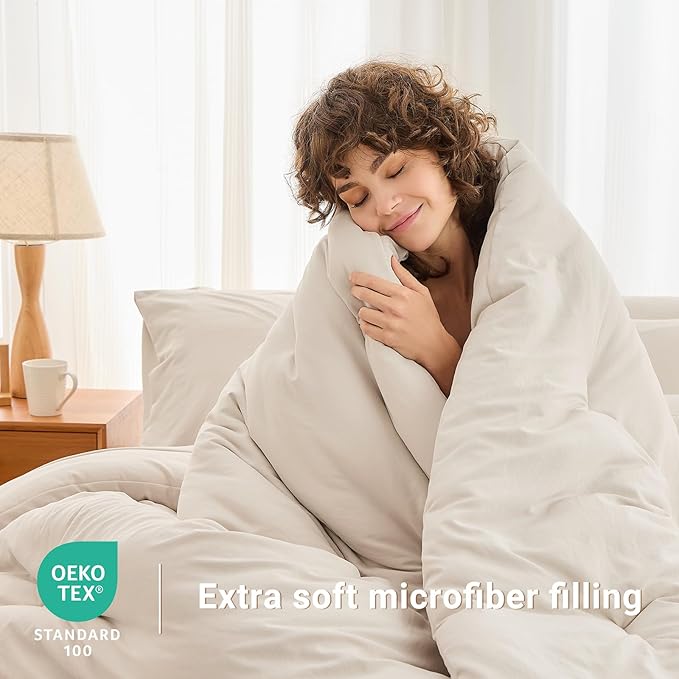 MUXHOMO 5 Pieces Twin Comforter Set, Soft Bed in a Bag Twin Size, All Season Bedding Set with Comforter, Flat Sheet, Fitted Sheet, Pillowcases & Shams, Beige