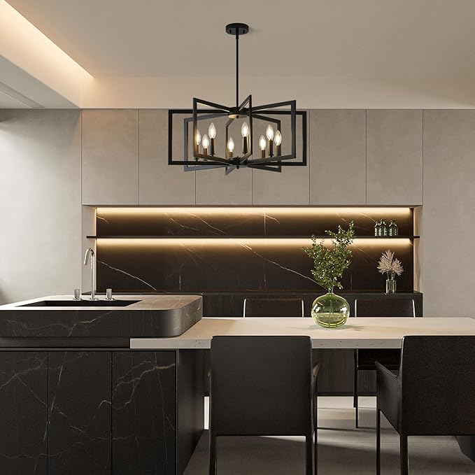 Black Chandelier for Dining Room, 8-Light Kitchen Chandelier Light Fixture Modern Metal Industrial Large Chandeliers for Farmhouse Entryway Living Room (E12 Bulbs Not Included)