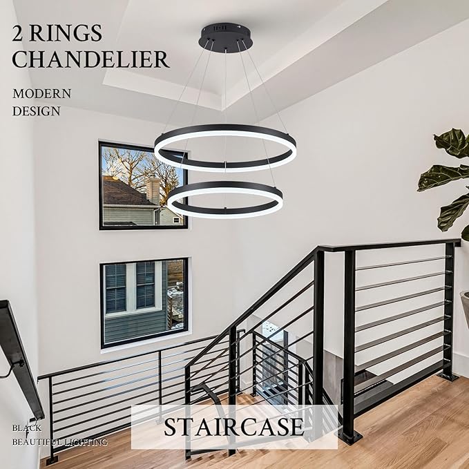 Modern LED Chandelier Black 2-Rings Pendant Light Circular Flush Mount Ceiling Chandelier Lighting with Remote Control for Bedroom Living Room Dining Room Entrance, 3000K-6500K