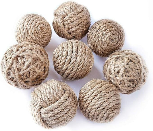 Rustic Jute Orbs Set of 8, Farmhouse Decorative Balls for Bowls, Vase Fillers, Christmas Centerpiece, Handwoven Home Decor Ornaments, Potpourri Accents