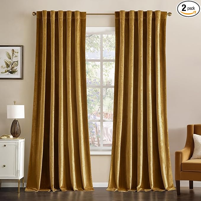 MIULEE Velvet Curtains 96 inches - Luxury Room Darkening Curtains for Bedroom Living Room Thermal Insulated Super Soft Window Drapes Rod Pocket & Back Tab, Gold, W52 x L96 inches, 2 Panels