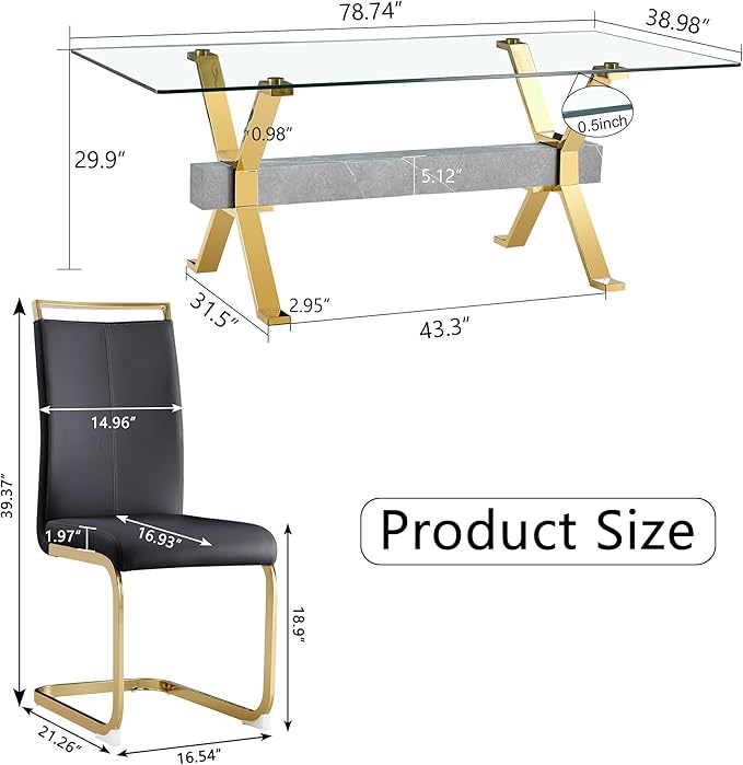 11 Piece Glass Dining Table Set, 79" Modern Dining Table Set for 10, 0.5" Thick Tempered Glass Tabletop with Silver Chrome Metal Legs and Grey Crossbar, 10 PU Chairs for Dining Room, Kitchen