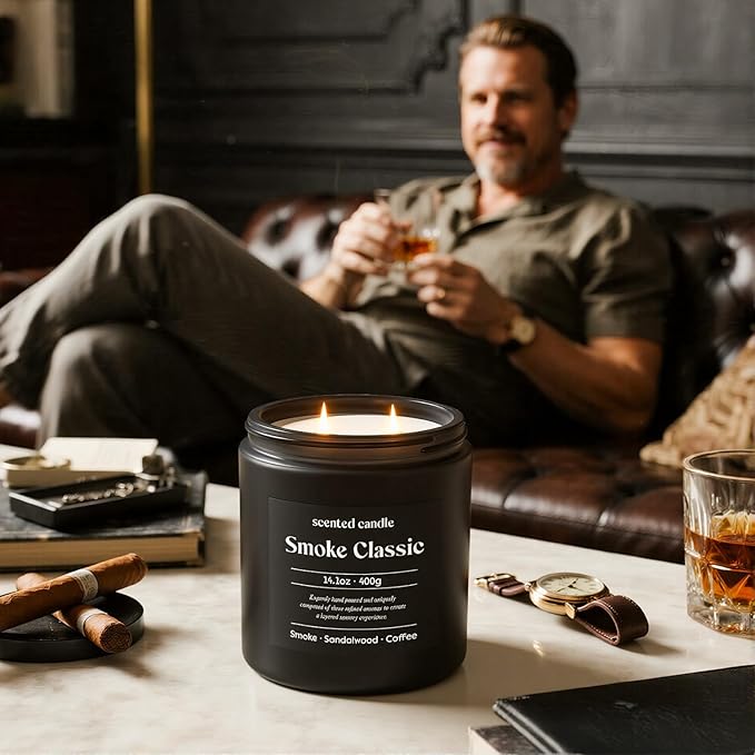 Candles for Men, 14.1 oz Scented Candles for Home, 2 Wicks Blended Scents Birthday Candles Gifts for Dad, Teacher, Boyfriend (Smoke+Sandalwood+Coffee)