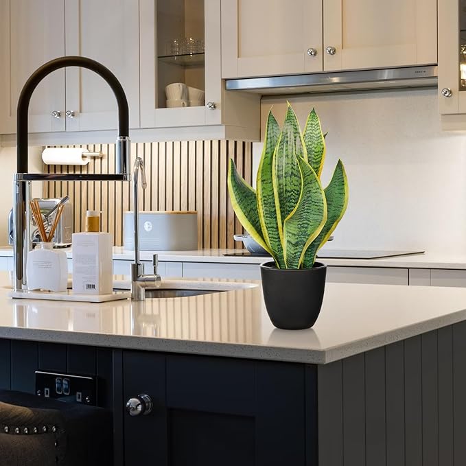 Briful Fake Plant 16 Inch Fake Snake Plant Artificial Plants Indoor Sansevieria Faux Plants with Black Pot Artificial Snake Plant for Living Room Bathroom Office Table Centerpieces Shelf Home Decor