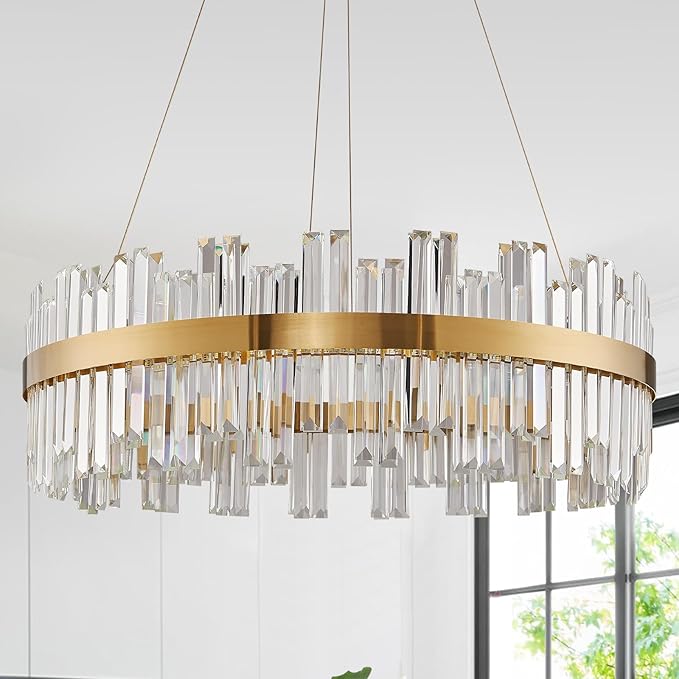 23.6" Dimmable Modern LED Crystal Chandeliers,Gold Chandelier Light Fixture, 3 Colors Contemporary Pendant Ceiling Light for Dining Room Living Room Kitchen Island Entryway Foyer ,With Remote Control