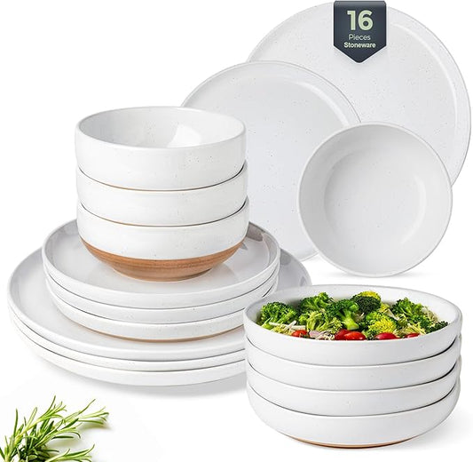 AmorArc 16 Pieces Ceramic Dinnerware Sets for 4, Handpainted Plates and Bowls Set with Rustic Terracotta Underside, Scratch Resistant Stoneware Dishes Set, Dishwasher & Microwave Safe, White