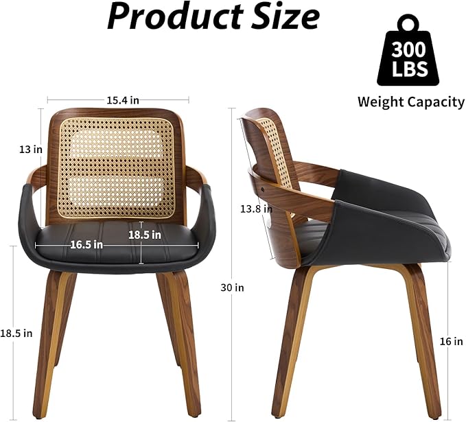 Dining Chairs Set of 2, Mid Century Modern Dining Room Chairs with Arms and Rattan Back PU Leather Upholstered Bentwood Kitchen Chairs for Home Restaurant Office - Black