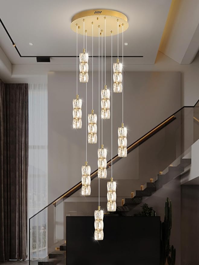 Large Chandeliers for Living Room Modern Crystal Gold Chandeliers Spiral Staircase Pendant Light High Ceiling Lamp Fixture for Foyer Entrance Dimmable 2700-6000K
