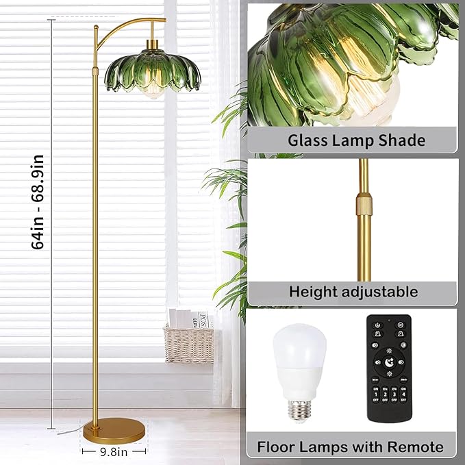 Gold Floor Lamp for Living Room,Bedroom,Mid Century Modern Standing Lamp with Remote,Dimmable Brass Tall Lamp Vintage Retro Green Glass Arc Floor Flower Floor Light Boho Bohemian