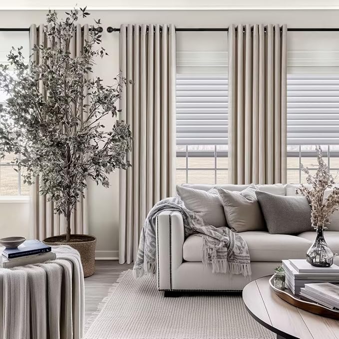 Topfinel Linen Sheer Curtains 84 Inches Long 2 Panels Thick Linen Textured Neutral Farmhouse Flax Ceiling Floor Pleated Curtains Grommet Light Filtering Privacy Drape for Living Room Ofiice Grey Beige