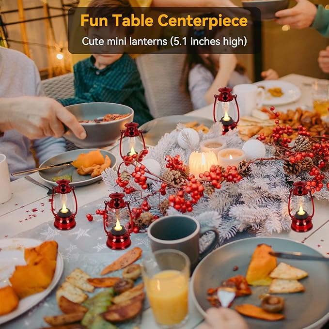 Christmas Mini Lanterns 6-Pcs LED Small Lanterns Indoor Red Lanterns Decorative Outdoor Hanging Lantern Decorative Candle Lanterns Farmhouse Decor for Weddings Party Halloween Xmas Decor