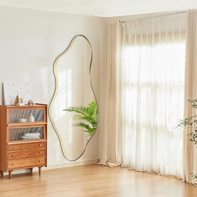 Large Irregular Mirror, 63"x29.2" Asymmetrical Mirrors Full Length, Abstract Wall Mirror Decorative, Waved Shaped Mirrors for Living Room Dressing Bathroom Bedroom Hallway Entryway