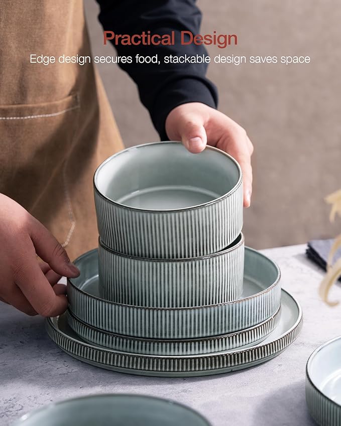 Famiware Star Dinnerware Set with Mugs, Service for 4 (16pcs), Ribbed Stoneware Plates and Bowls Dishes Sets - Chip & Scratch Resistant, Microwave & Dishwasher Safe, Smoky Blue