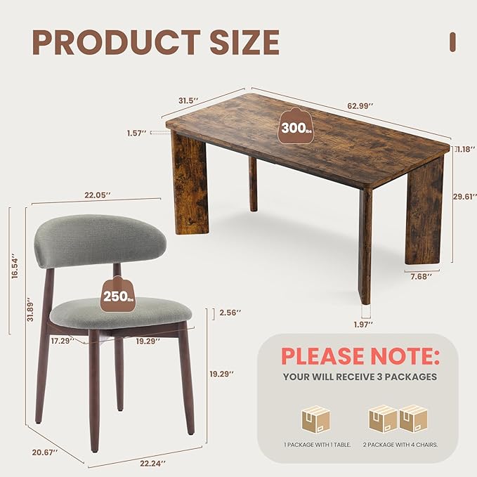 5-Piece Rectangular Dining Table Set for 4, 63" Industrial Kitchen Table with 4 Wooden Upholstered Dinner Chairs for Dining Room, Kitchen, Living Room, Brown+Green
