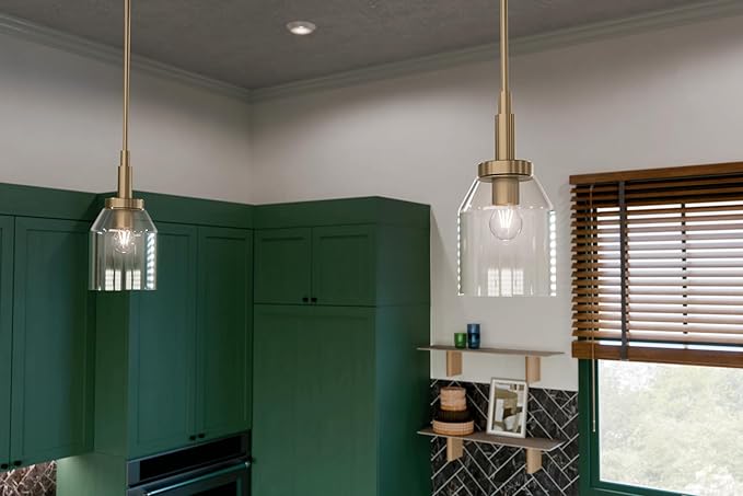 KICHLER Madden 1-Light Mini Pendant with Clear Glass in Champagne Bronze, Sloped Ceiling Compatible, for Game Room, Bar, Island, Billiards Table or Kitchen (15" x 7"), 52725CPZ