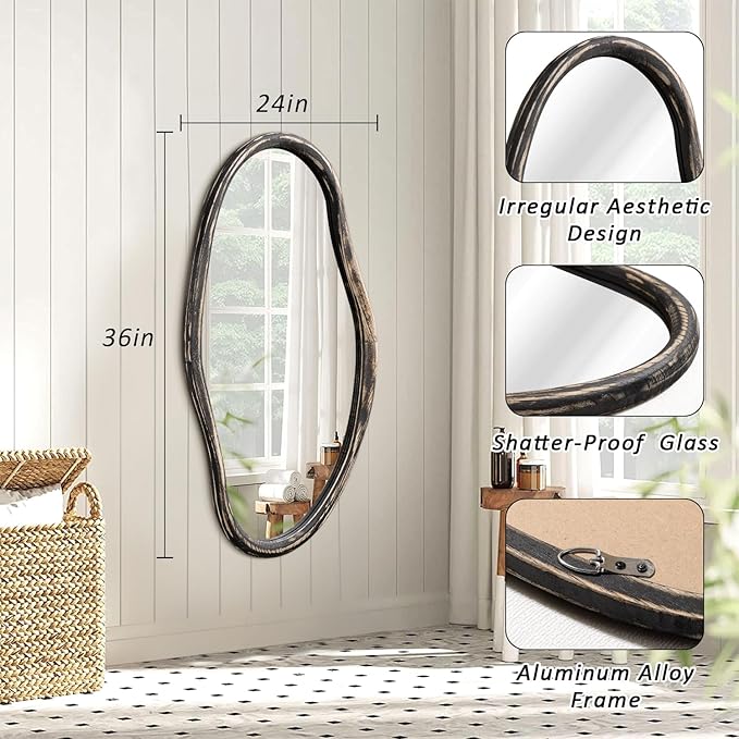 JJUUYOU Irregular Mirror Asymmetrical Wall Mirror 36"x24" Modern Hanging Mirrors for Bathroom Bedroom Living Room Hallway Large Wall Mounted Makeup Dressing Mirrors Rustic Black