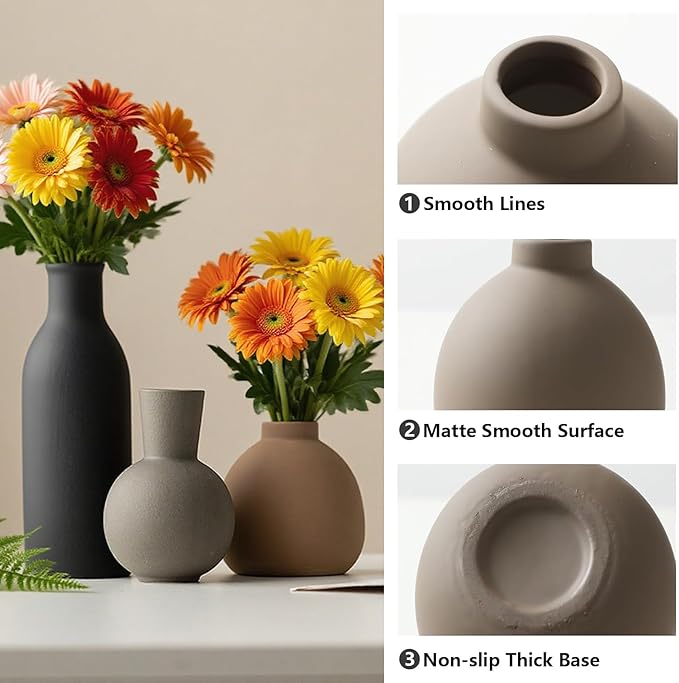 Ceramic Vase Set of 3, Vases Home Decor, Neutral Rustic Modern Farmhouse Decor, Pottery Vases for Pampas Grass Dried Fresh Flowers, Living Room Kitchen Bedroom Bathroom Entryway Mantel Shelf (Black)