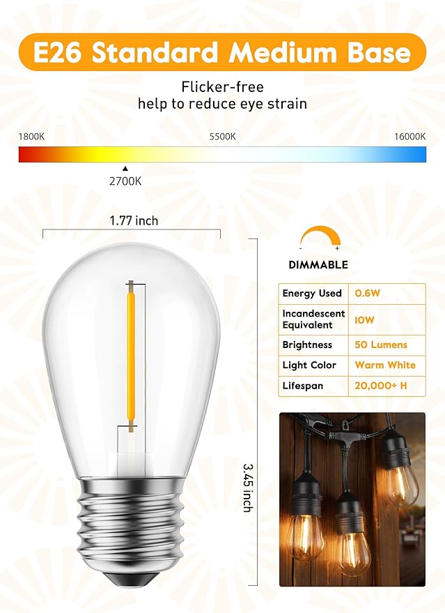 Minetom LED S14 Replacement Light Bulbs, 15 Pack Shatterproof Light Bulbs Equivalent to 11 W, E26 E27 Regular Medium Screw Base for Outdoor Home Light Fixtures and Decorative, 2700K, Warm White