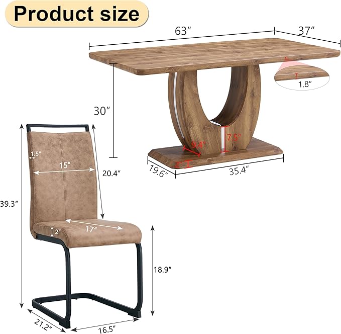 Wooden Dining Table Set for 4, 63" Modern Rectangular Wood Grain Table with Faux Leather Cantilever Dining Chairs, Upholstered High Back Kitchen & Dining Room Furniture