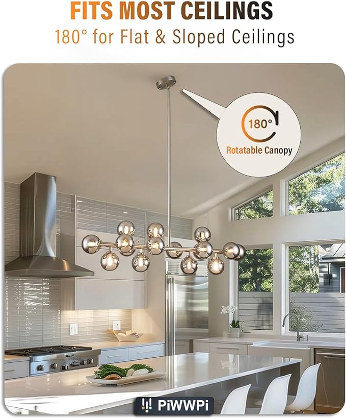 Glass Globe Sputnik Chandelier, 16-Light Mid Century Modern Light Fixture Over Table, Linear Chandeliers for Dining Room, Kitchen Island, Nickel and Smoke Grey Bubble, 40 Inch, GC-02