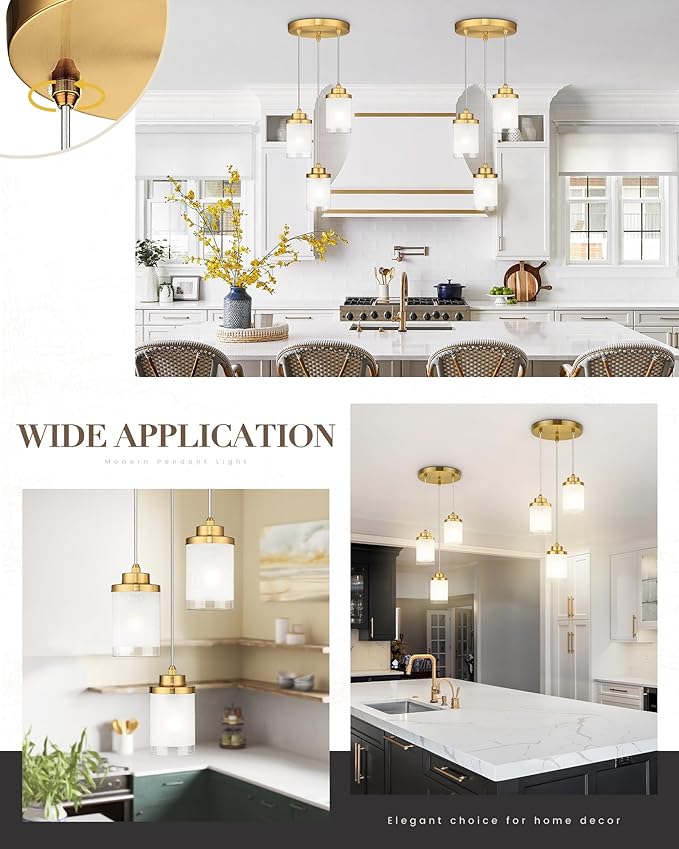 TENGXIN 3-Light Brushed Gold Pendant for Kitchen Island, Hanging Lamp Ceiling Fixture, Glass Light for Bedroom, Farmhouse Pendant for Dining Room