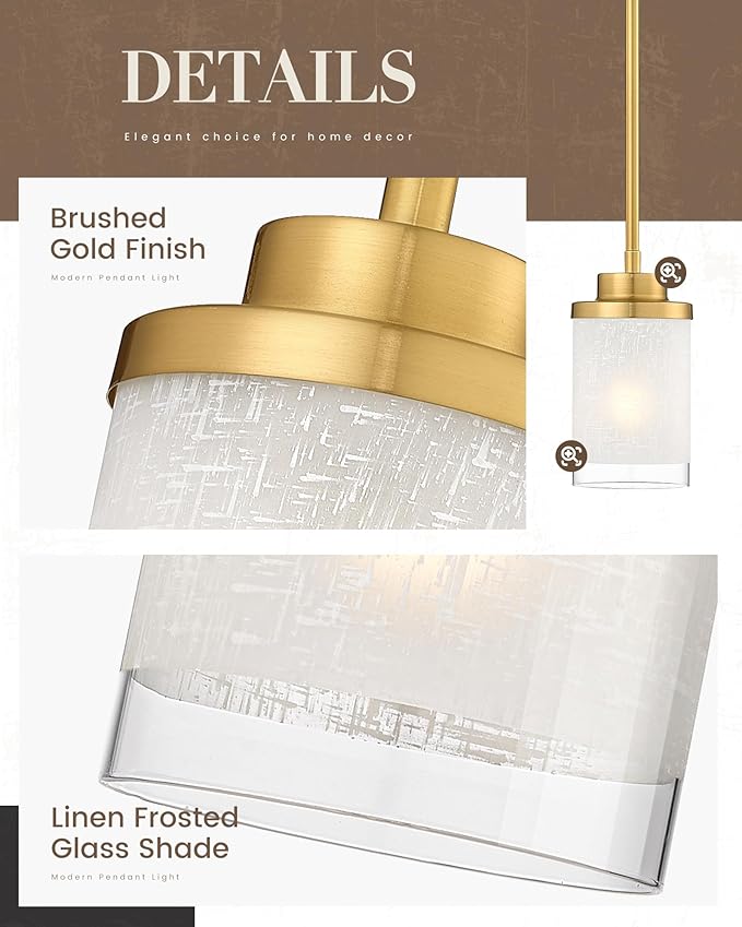 TENGXIN Modern Pendant Light for Kitchen Island, Brushed Gold Hanging Ceiling Light Fixture,Farmhouse Pendant Lighting for Dining Room Bedroom Bar Office,TXPLBG01