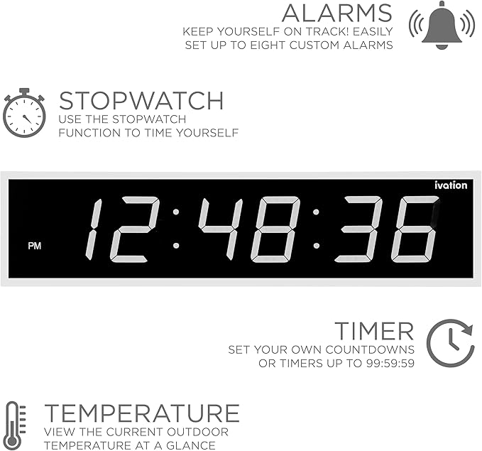 Ivation Huge Oversized 48" Large Digital LED Clock | Big Digital Clock w/Multi-Function Display – Stopwatch, Timer, Alarms, Temp & Date | 6 Brightness Levels, Time Memory & Remote (White)