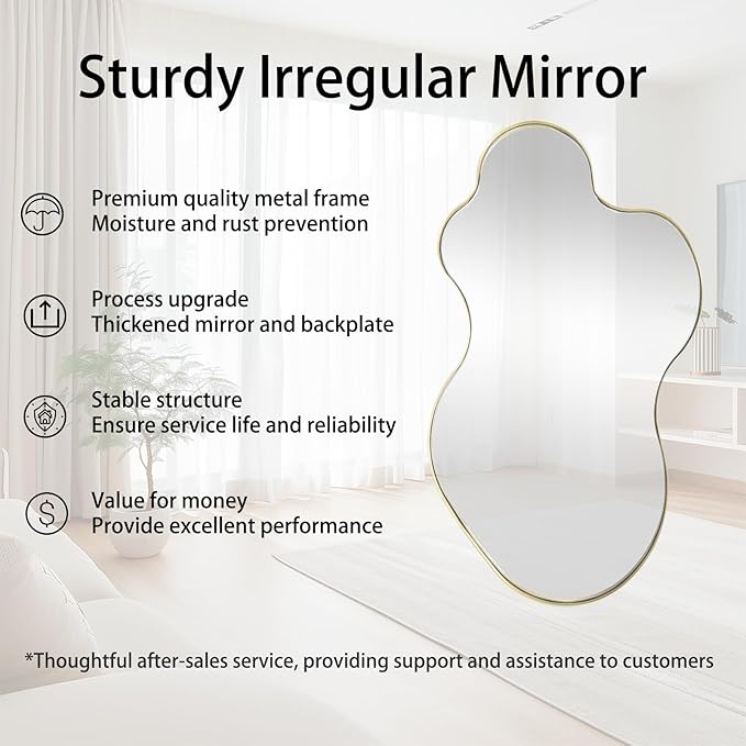 Gold Scalloped Mirror, Irregular Shaped Mirror, 30"x18" Asymmetrical Wall Mirrors Decorative, Wavy Oval Mirrors for Living Room Bathroom Bedroom Hallway Entryway Fireplace