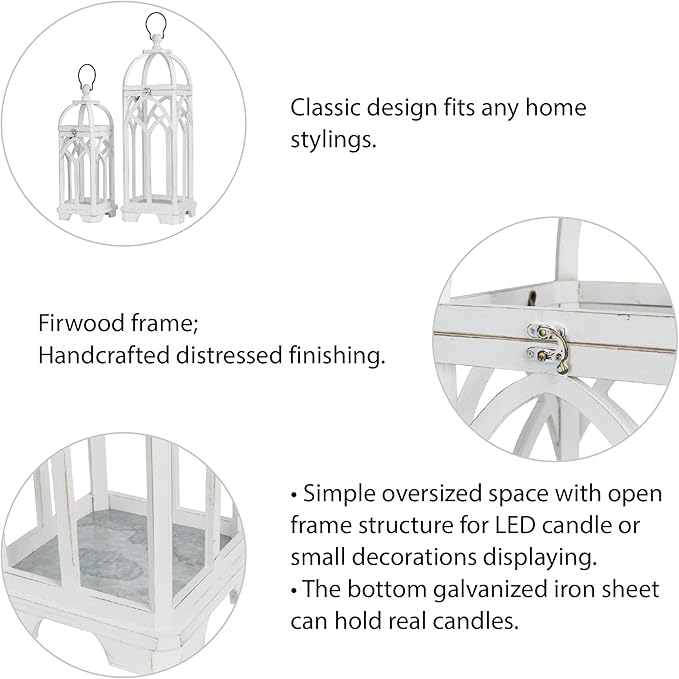 Glitzhome Farmhouse Decorative Lanterns Wooden Candle Lantern Church Window Frame Lanterns for Wedding Mantle Entryway Home Patio Balcony Garden, Pack of 2, Wash White, No Glass