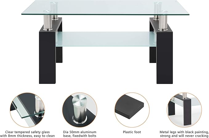 Tempered Glass Coffee Table for Living Room with 2 Tiers Size 39.4" x 23.7" (W x D) Black