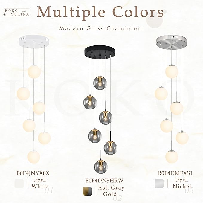 KoKo&Yukina Gold 6-Light Globe Chandelier Modern Globe Pendant Light Dining Light Fixtures Ceiling Hanging Stairwell Lighting Adjustable Staircase Lights Grey Glass Light Fixture for Kitchen