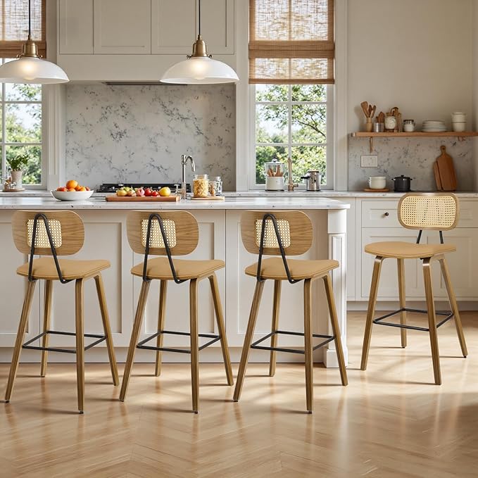 Counter Height Bar Stools Set of 4, 26" Mid Century Modern Rattan Bar Stools for Kitchen Counter PU Leather Upholstered Barstool with Wood Legs, Counter Height Island Stool Chair, Brown & Walnut