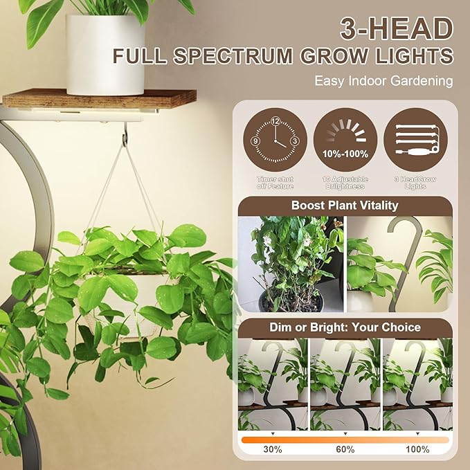 Plant Stand with Grow Lights, 8 Tiered 64" Corner Plant Stand, Metal Plant Shelf Indoor with Wheel, Large Plant Stands, Flower Rack Display for Living Room, Garden, Patio-Thick 1.2MM Steel Frame