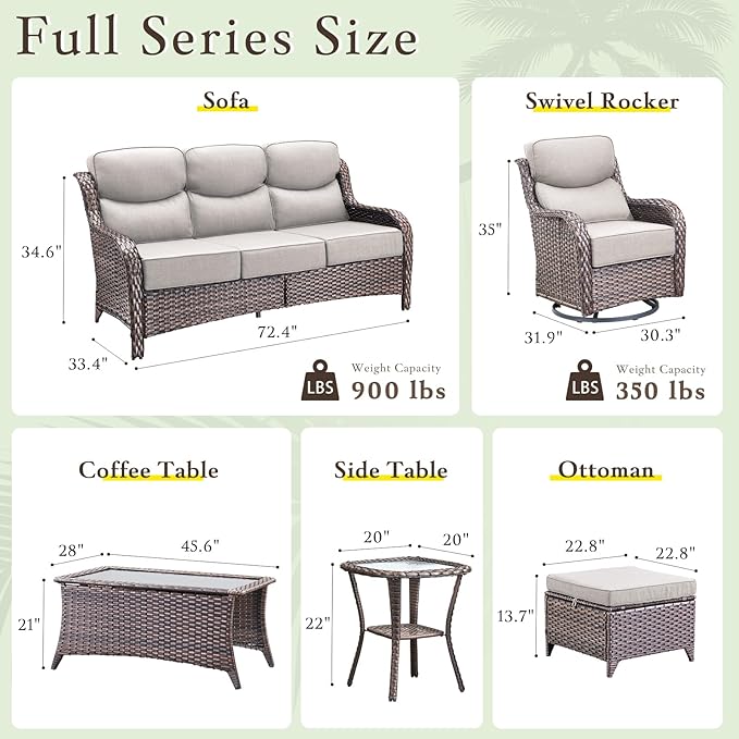 Luxury High Back Outdoor Furniture with 6-inch Extra Thick Cushions, Patio Furniture Set with Swivel Chairs, 5 PCS Wicker Conversation Set for Yard, Deck, Poolside, Brown/Beige