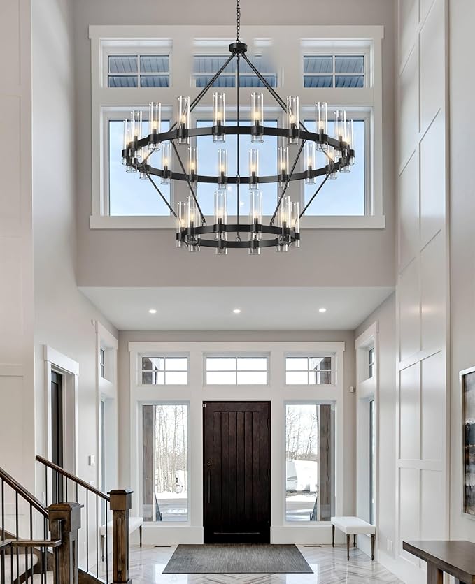 60" Black Chandelier, 2 Tier Wagon Wheel Chandelier with Glass Shade, 30-Lights Large Round Modern Farmhouse High Ceilings Pendant Lighting Fixture for Dining Room, Living Room, Kitchen, Foyer