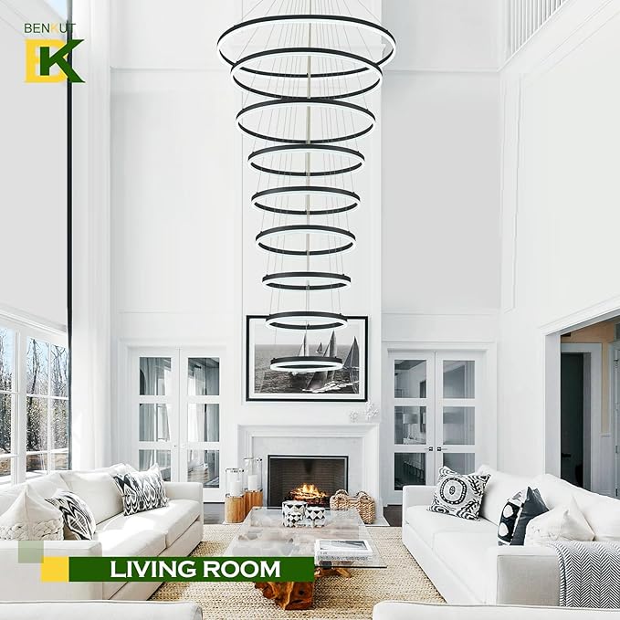 9 Rings Modern LED Chandelier Black Dimmable Large Foyer Chandeliers Entryway High Ceiling for Staircase, High Ceiling Pendant Lights for Entryway Living Room, 3000K-6500K CCT