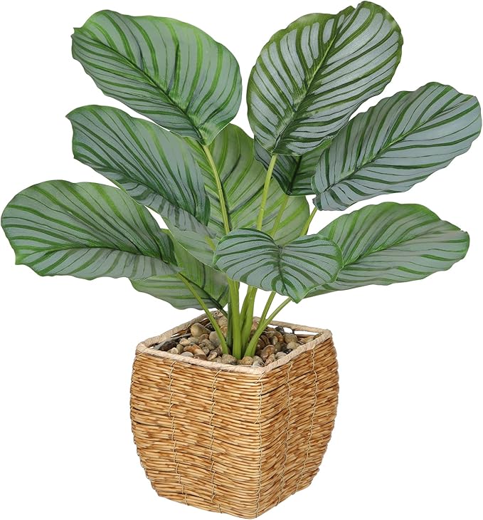 Briful Fake Plants Potted Calathea orbifolia Artificial Plants Indoor Realistic Greenery Faux Plants in Square Plastic Rattan Baskets for Home Decor Farmhouse Office Weddings