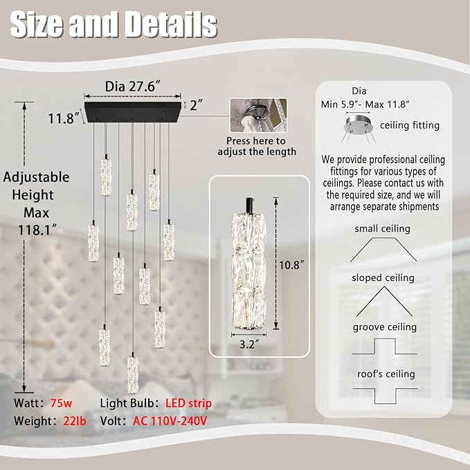 10-Light Modern LED Pendant Lighting Fixture for Kitchen Island Raindrop Crystal Chandelier Black Chandelier for Dining Room High Ceiling Chandelier for Staircase Foyer Hallway Villa