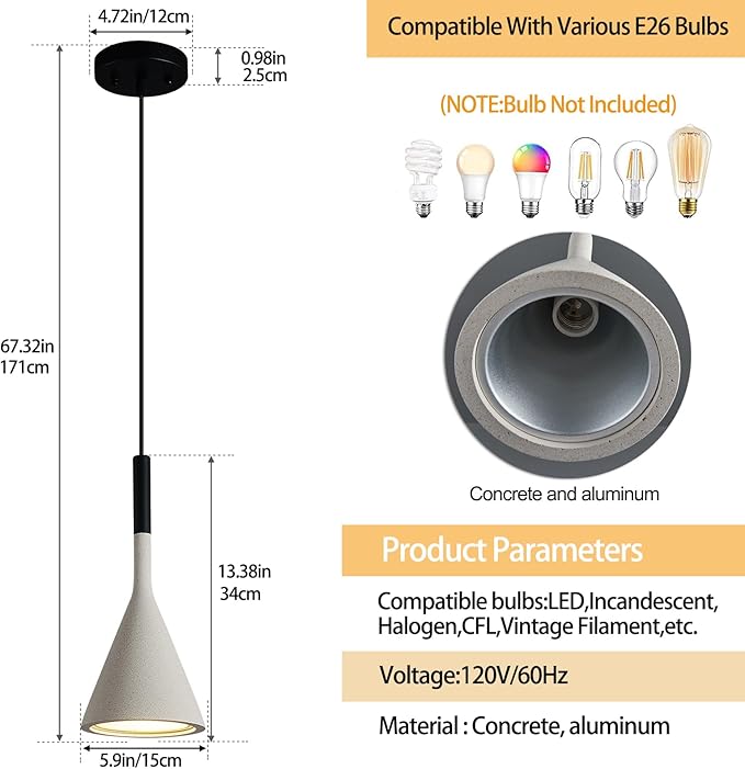 Farmhouse Grey Pendant Light Fixtures 1-Light Concrete Industrial Kitchen Island Pendant Lighting for Dining Room Bedroom Hallway Pendant Ceiling Lamp