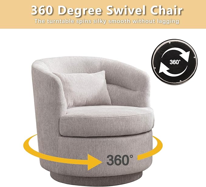 CANMOV Swivel Accent Chair, 360 Degree Round Swivel Barrel Chair with Pillow, Upholstered Comfy Barrel Armchair Single Club Sofa Chair for Living Room,Bedroom, Reading Room, Grey